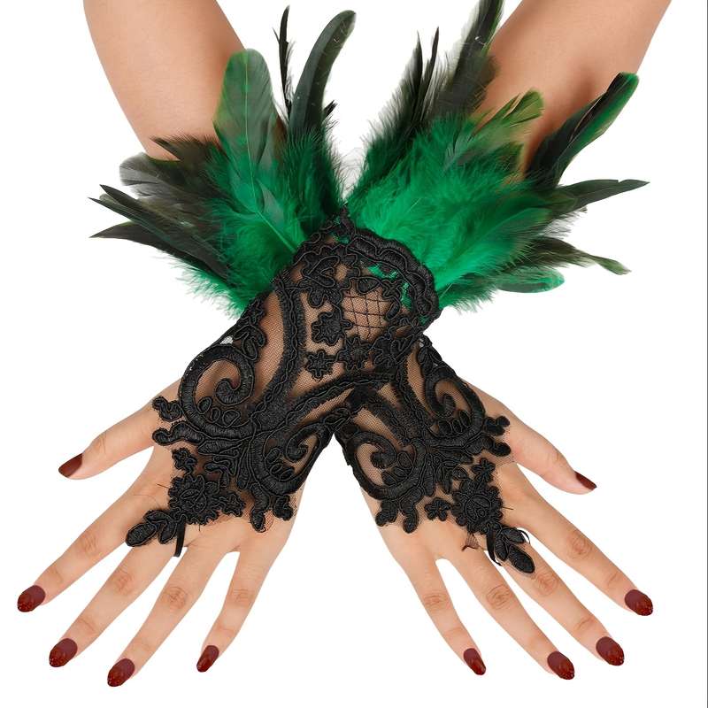 1 Pair Green Lace Faux Feather Gloves