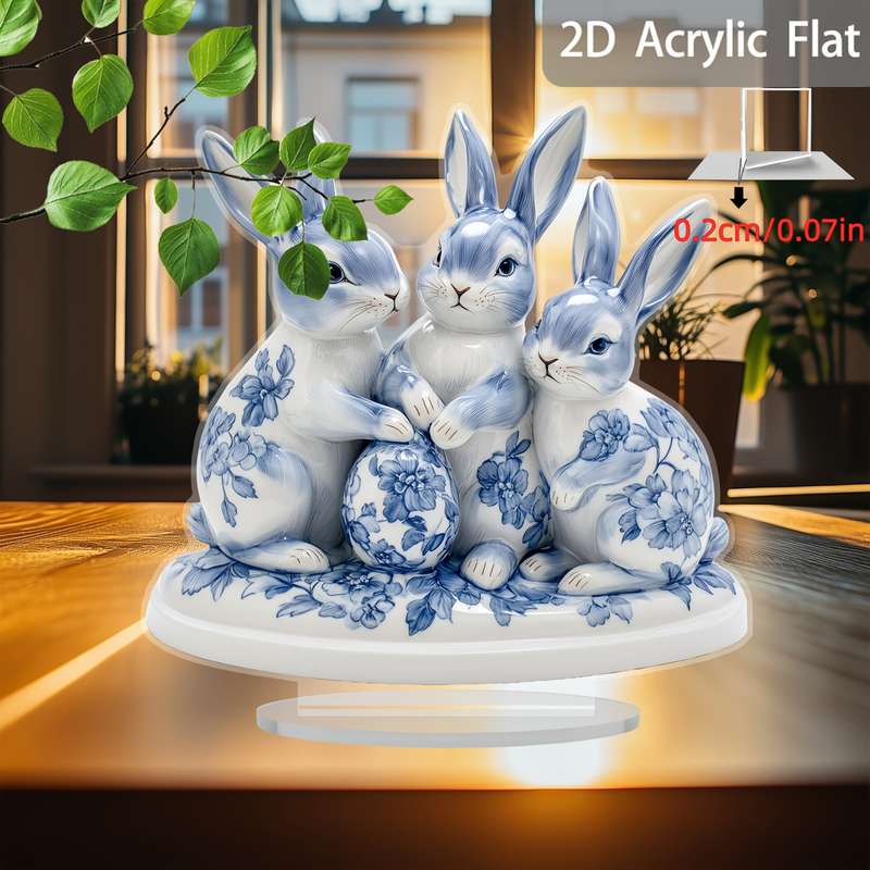 1pc 2D Flat   Plane Easter Blue and White Porcelain Rabbit and Egg  Acrylic Sun Catcher Desk