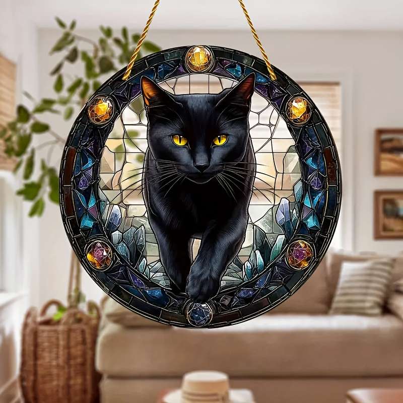 1pc 2D Flat   1 mysterious black cat theme  sun catcher acrylic round wreath logo retro