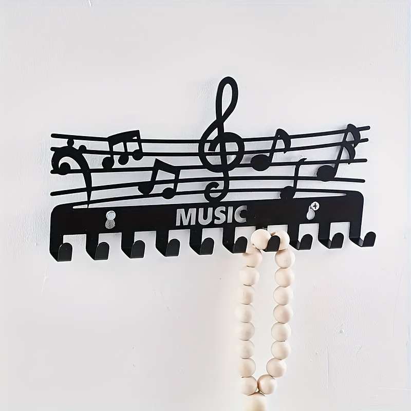 1pc Black Iron Music Note Key Hook Rack Multifunctional Wall-Mounted Storage Organizer Painted Fin