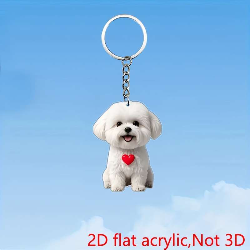 1pc 2D Flat    Cute White Dog Acrylic Keychain with Heart Charm Flat Keychain Perfect Gift