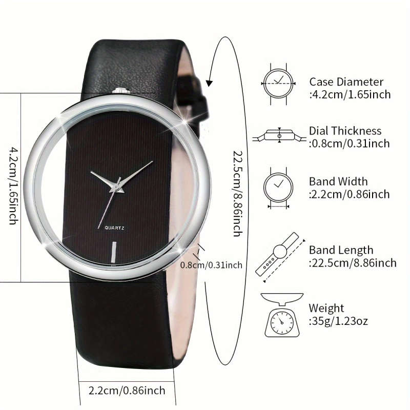 2pcs Set Women'S Fashion Hollow Dial Quartz Wrist Watch and Bracelet Set Round Alloy Case Faux Leath