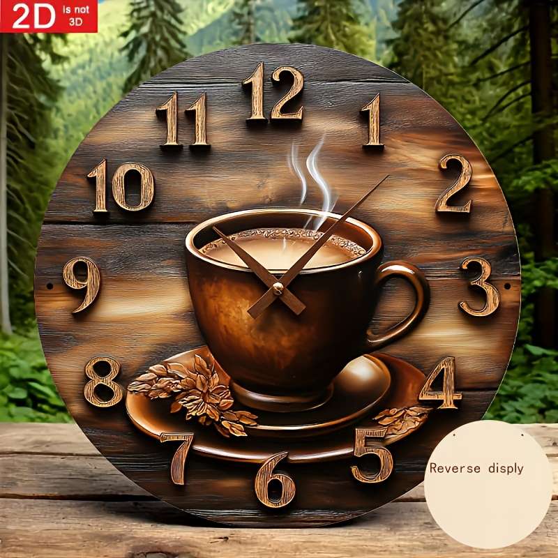 1pc 2D Flat Rustic Wooden Wall Clock with Coffee Cup Design Classic Vintage Style Not real clock