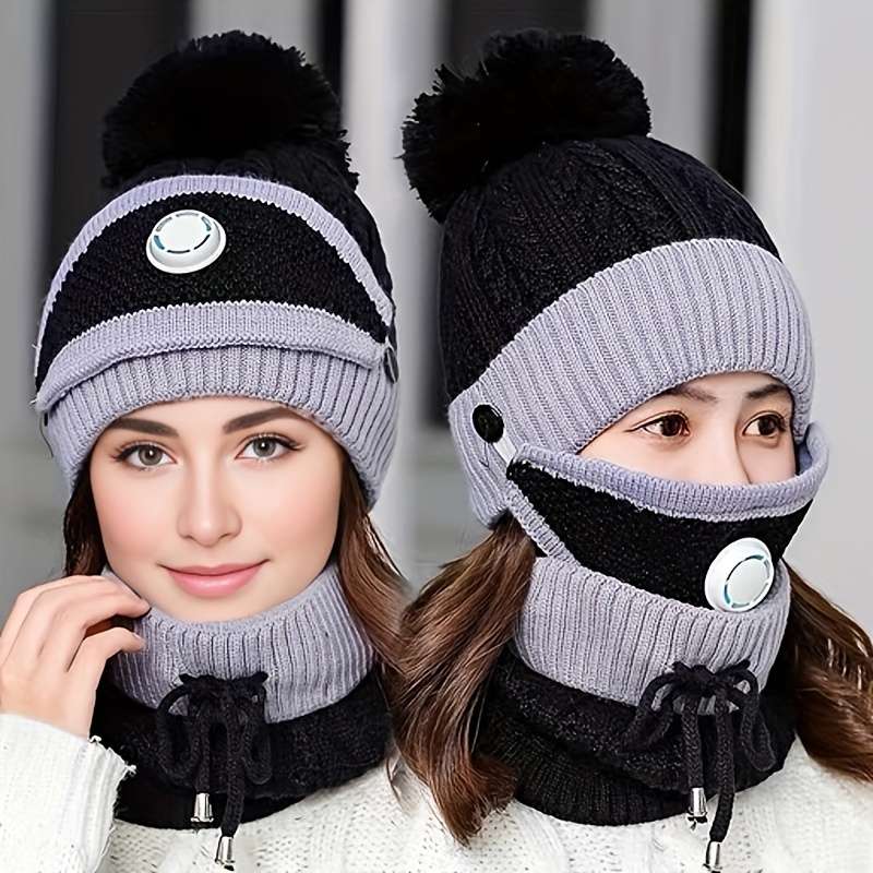 1pc Mask Hat Scarf Women's Autumn and Winter Knitted Hat Thickened and Fleece Warm Ear Protect