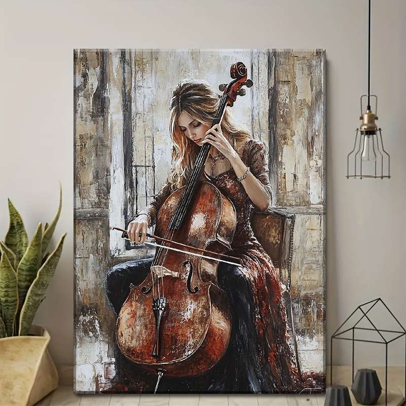 1pc Elegant Cellist Canvas Art Contemporary Fashion-Themed Woman Playing Cello High-Definition