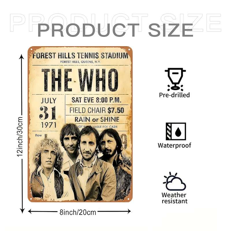 1pc Vintage 20.32x30.48cm The Who Concert Metal Wall Art Rustic Decor for Bars Clubs Cafes Off