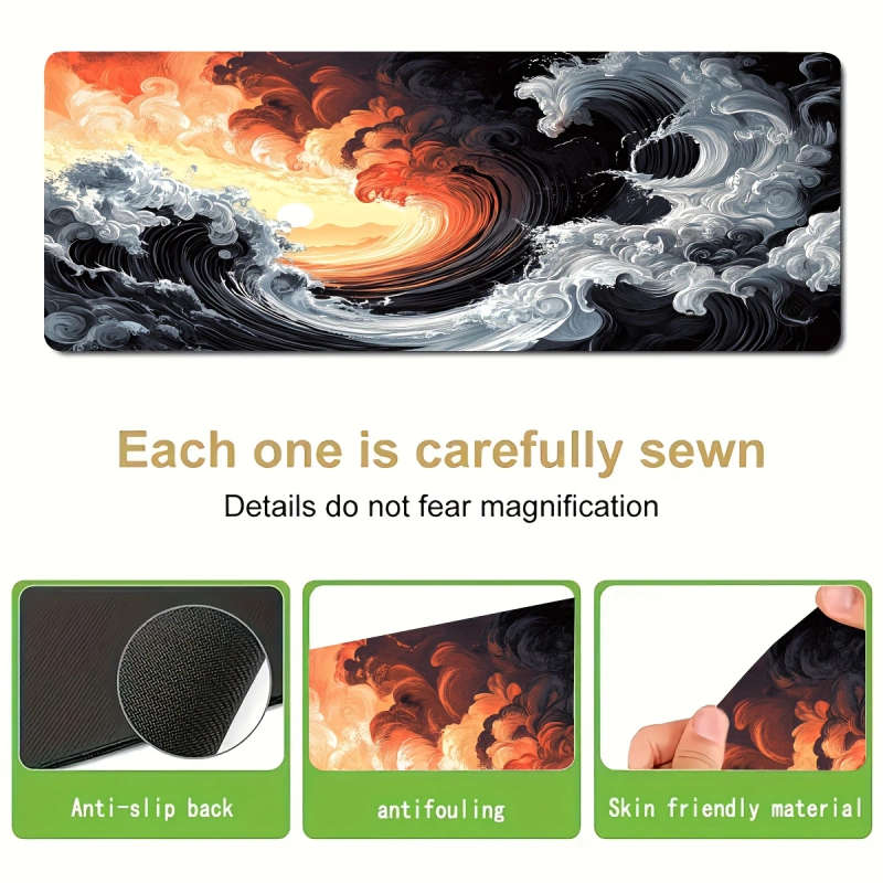 1pc 40x90cm Vibrant Wave Sunset Design Mouse Pad Non-Slip Washable Rubber Desk Mat