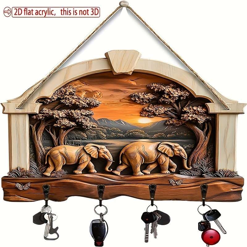 2D Flat 2Dflat1pcs Walking Elephant Simple Colorful Wooden and Home Key Holder with Four Metal Ho