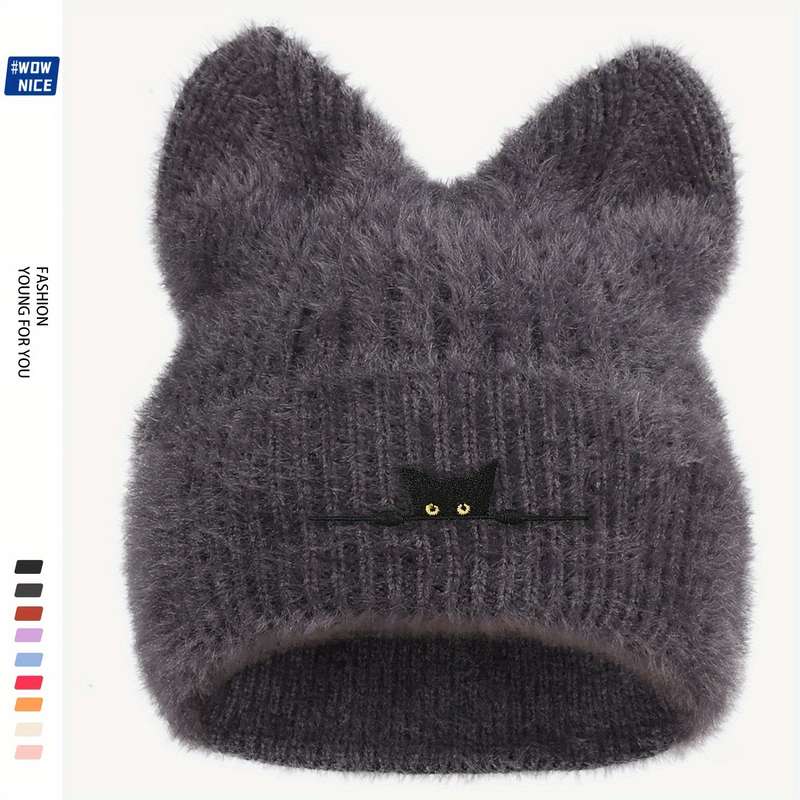 1pc Cozy Black Cat Embroidered Knit Beanie Thick Plush Winter Hat with Ear Covers Breathable St