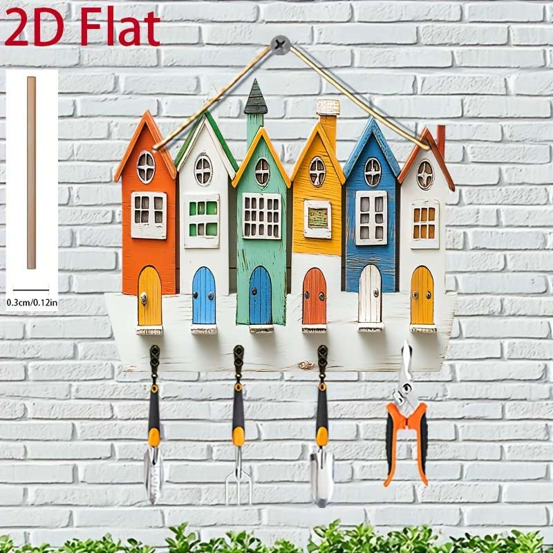2D/Flat 1pc Colorful House Simple and Colorful Wooden Home Key Hanger with Four Metal Hooks 2D/Fla
