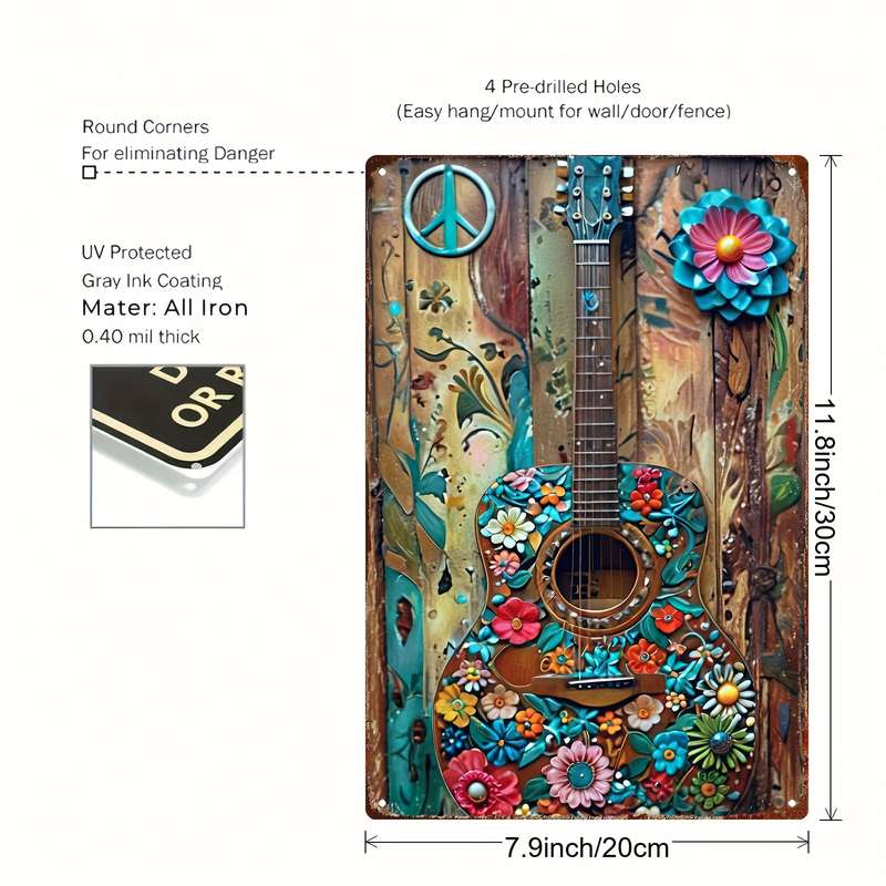 1pc 2D Flat  Hand-Painted Metal Wall Art Floral Guitar with Peace Symbols 20.32x30.48 cm Vib