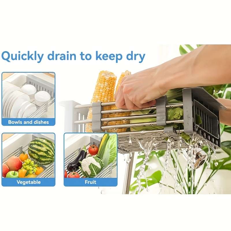 1pc Expandable Stainless Steel Over-The-Sink Dish Rack Drainer Basket Collapsible Kitchen Organ