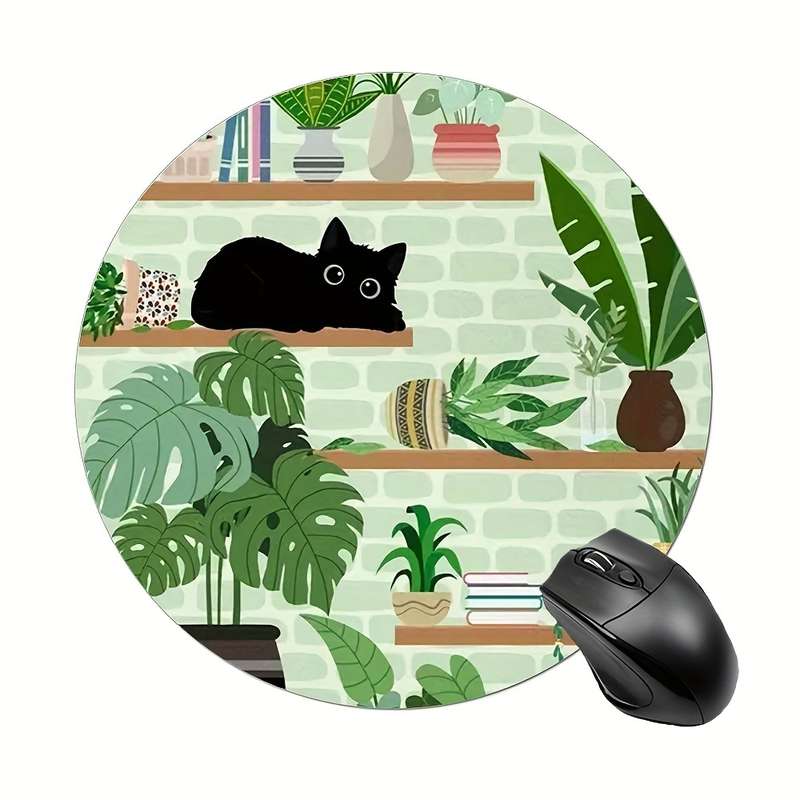 1pc Ergonomic Black Cat Round Mouse Pad for Women and Girls Non-Slip Washable Rubber B
