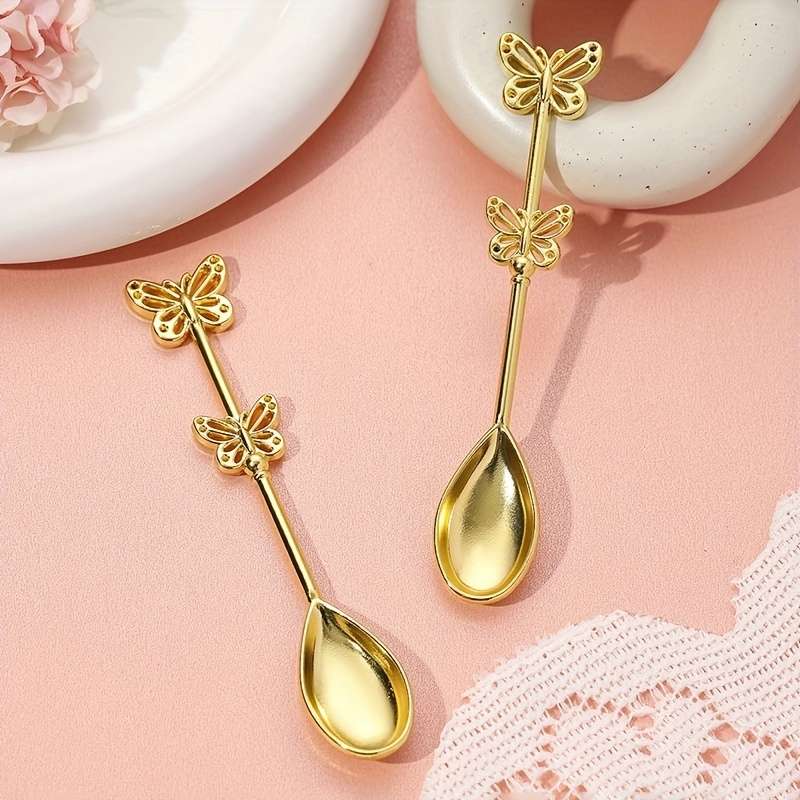 2pcs Golden Butterfly Dessert Coffee Spoons Elegant Metal Stirring Spoons with Polka Dot Gi