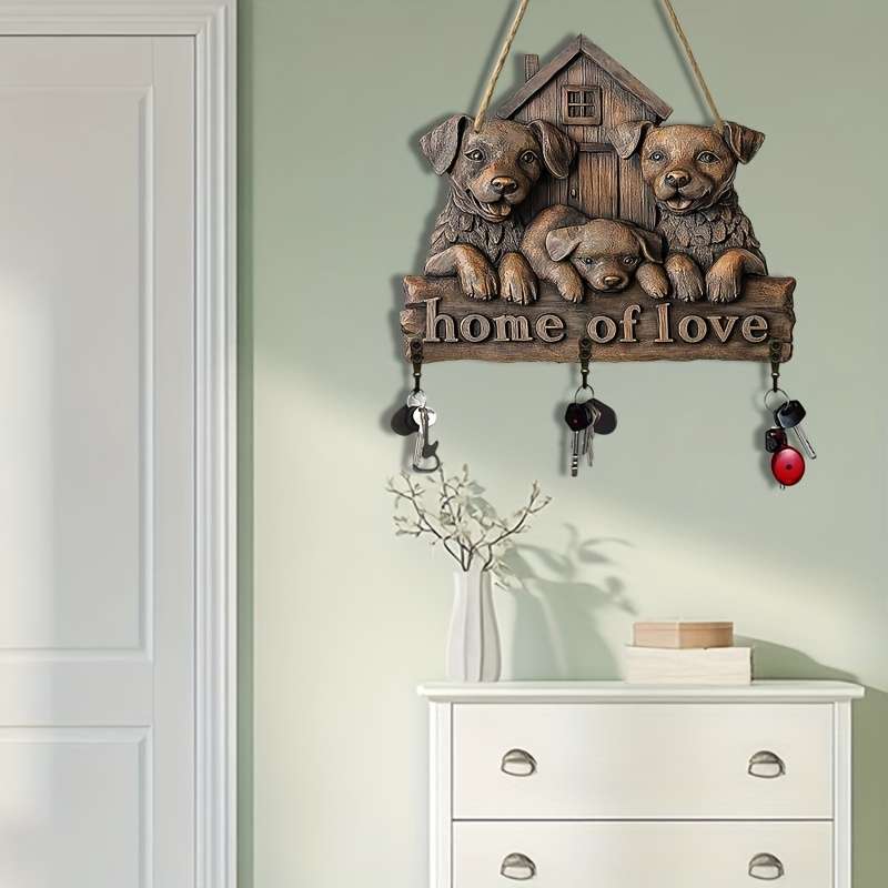 2D Flat 1pc Dog House Simple Colorful Wooden and Home Key Hanger with Four Metal Hooks 30.0cm x 2