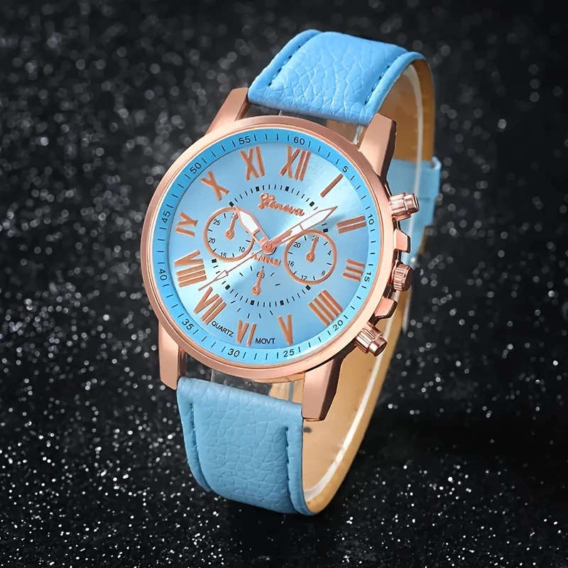 1pc Fashion Quartz Watch Rose Golden Accents White PU Leather Strap Round Dial with Black Numerals