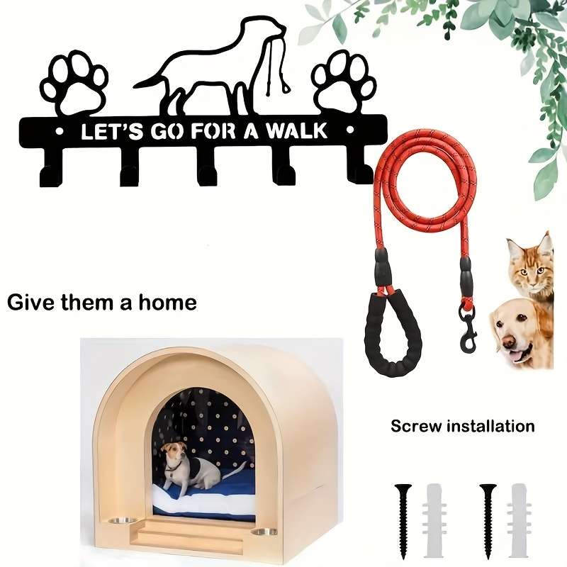 1pc Metal Wall Mounted Decorative Hook with Charming Dog and Paw Prints Romantic "LetS Go for a Wa