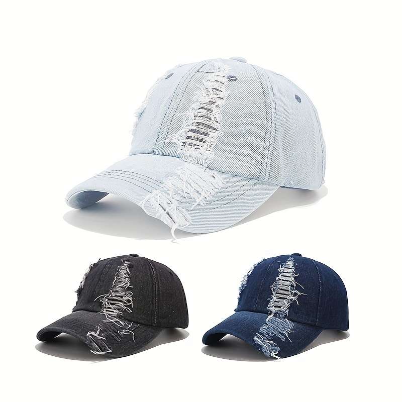 1pc Stylish Distressed Denim Baseball Cap for Men Women Adjustable Vintage Washed Ripped De