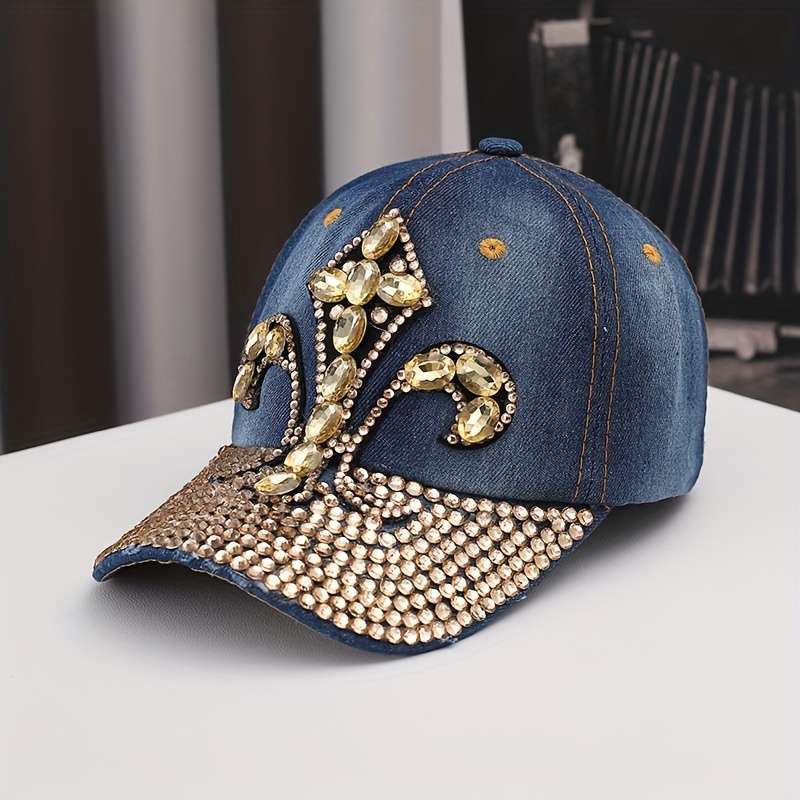1pc Luxury Rhinestone Embellished Denim Baseball Cap Unisex Adjustable Fit with Sun Protection