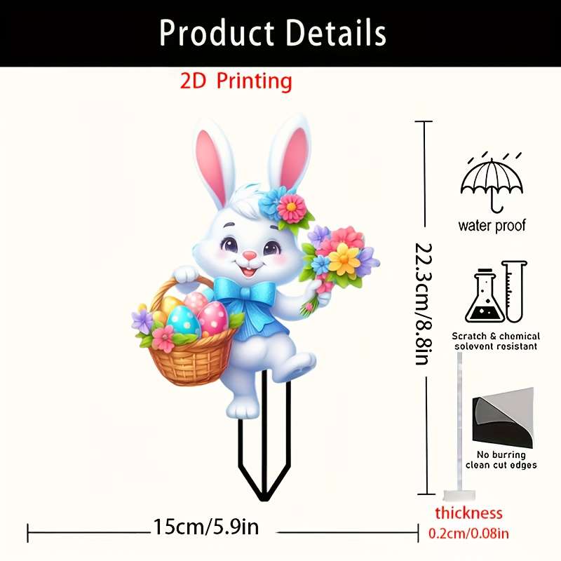 1pc 2D Flat   Bohemian Milk White Rabbit Garden Stake Vibrant Acrylic Outdoor Decor for Pa