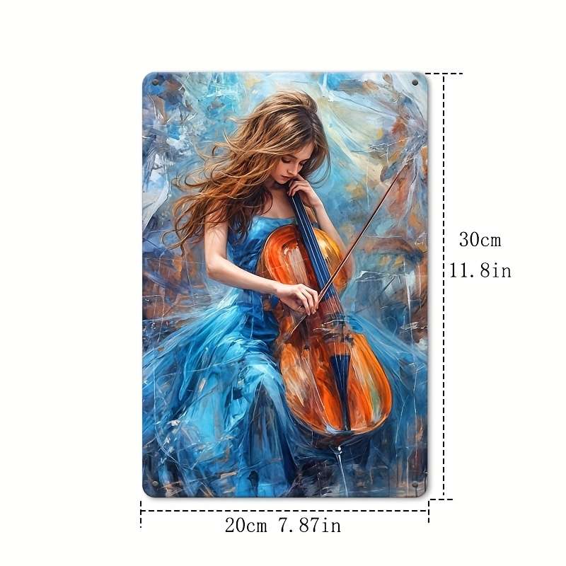 1pc 2D Flat Iron Wall Art Logo Cello Artist Blue Dress Woman Music Studio Art Music Student Gif
