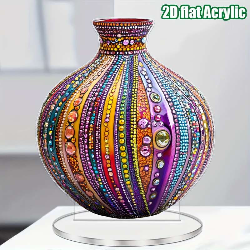 1pc 2D Flat   Bohemian Style  Acrylic Vase Decor Colorful Beaded Design with Rhinestones G