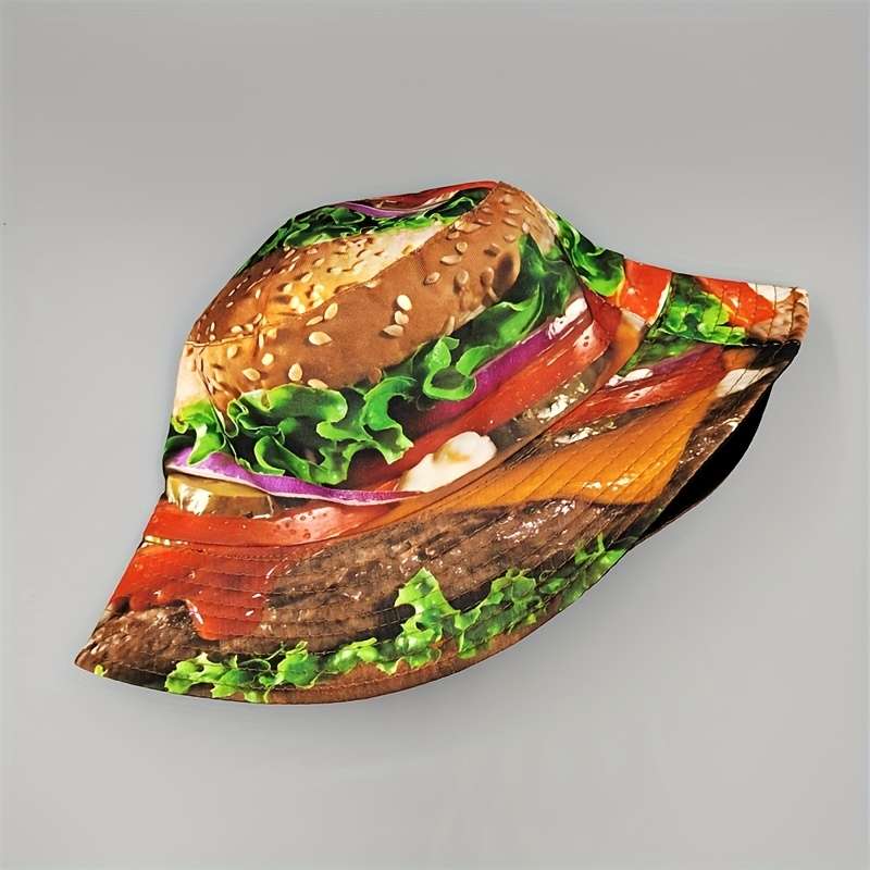 1pc 1pc Novelty Burger Pattern Bucket Hat Cartoon Y2K Style Fisherman Cap Reversible Casual Outd