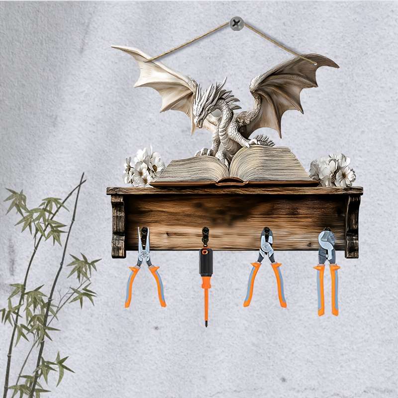 A Dragon Reading a Book a Minimalist Colorful Wooden Key Holder for Home Comes with Four Metal Hoo