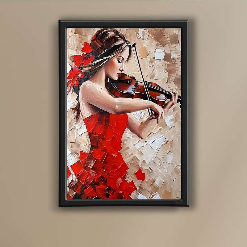 1pc  Framed Abstract Canvas Art Elegant Woman Playing Violin in Red Dress Unique Wall Decor f