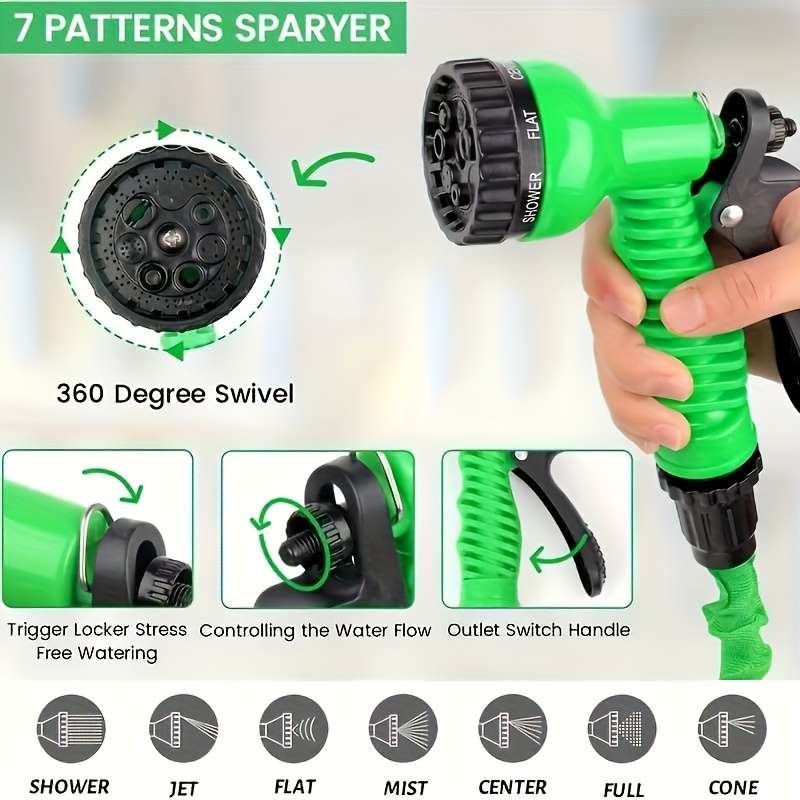 1Pc Green Adjustable 3X Retractable Rubber Hose High Pressure Spray Gun