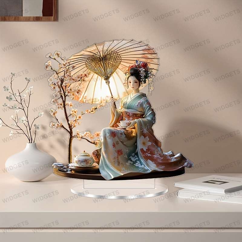 1pc 2D Flat  Elegant Geisha and Cherry Blossom Acrylic Decor with Stand 19.99cm x 19.99cm Vintage