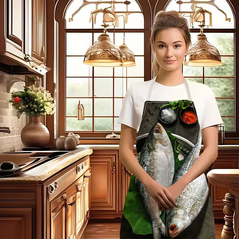 1pc Linen Chef Apron with Fish Design Durable Woven Kitchen Apron for Cooking and Gardening E
