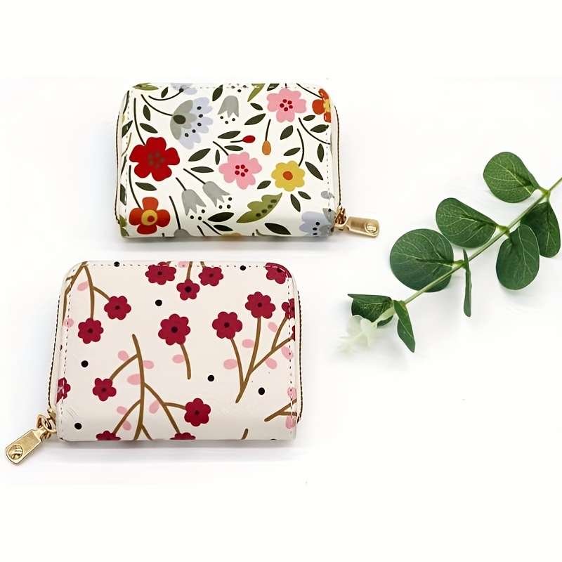 1pc Floral Credit Card Holder for Women Girls C Cute Plum Red Accordion Wallet with Zipper C