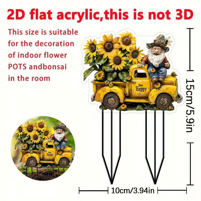 1pc 2D Flat  Happy Bee Driving Vintage Truck Garden Stake Perfect for Yard And Lawn Perfect Flowe