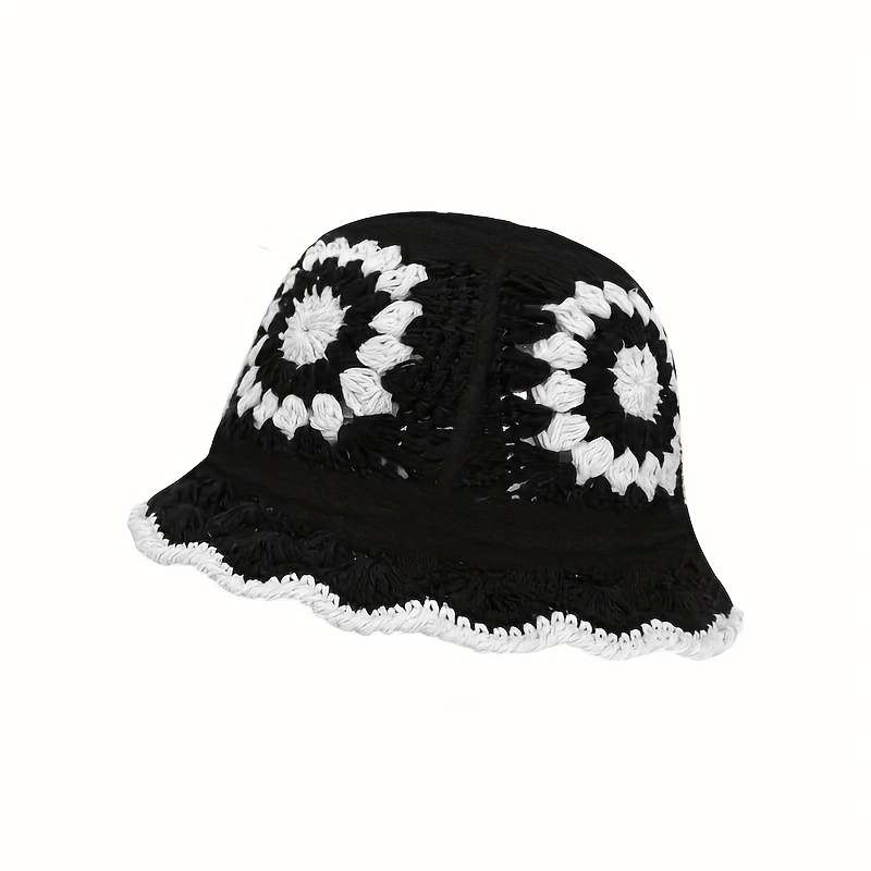 1pc Elegant Retro Floral Crochet Fisherman Hat Classic Color Block Warm Pot Hat Lightweight Breat