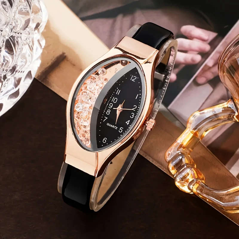 1pc Elegant Black Quartz Watch with PU Leather Strap Zinc Alloy Hands Dial Non-Rechargeable Button B