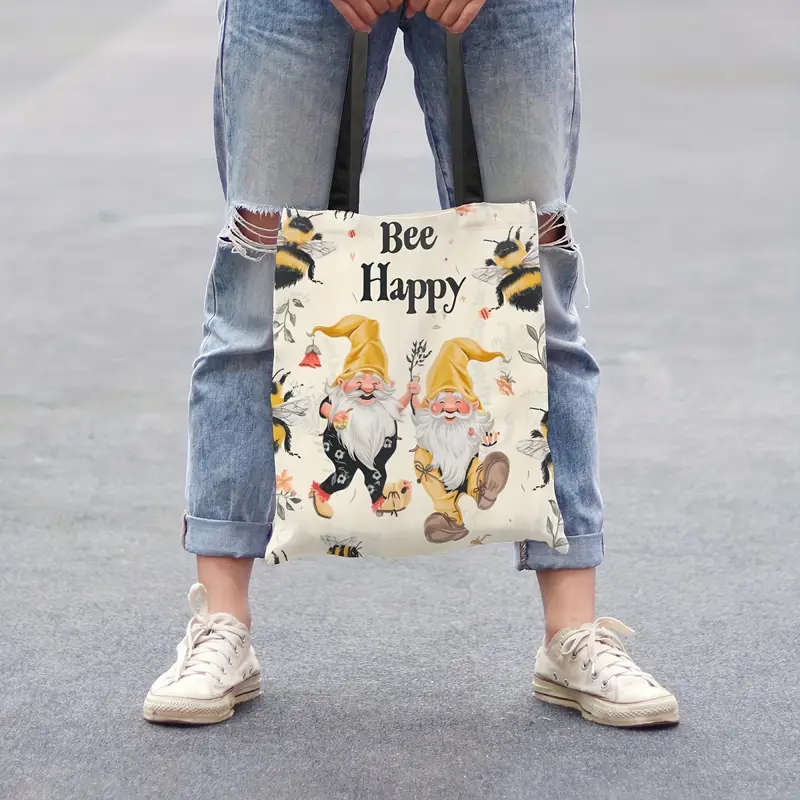 1pc Bee Happy Canvas Tote Bag with Cute Gnome Design Large Capacity