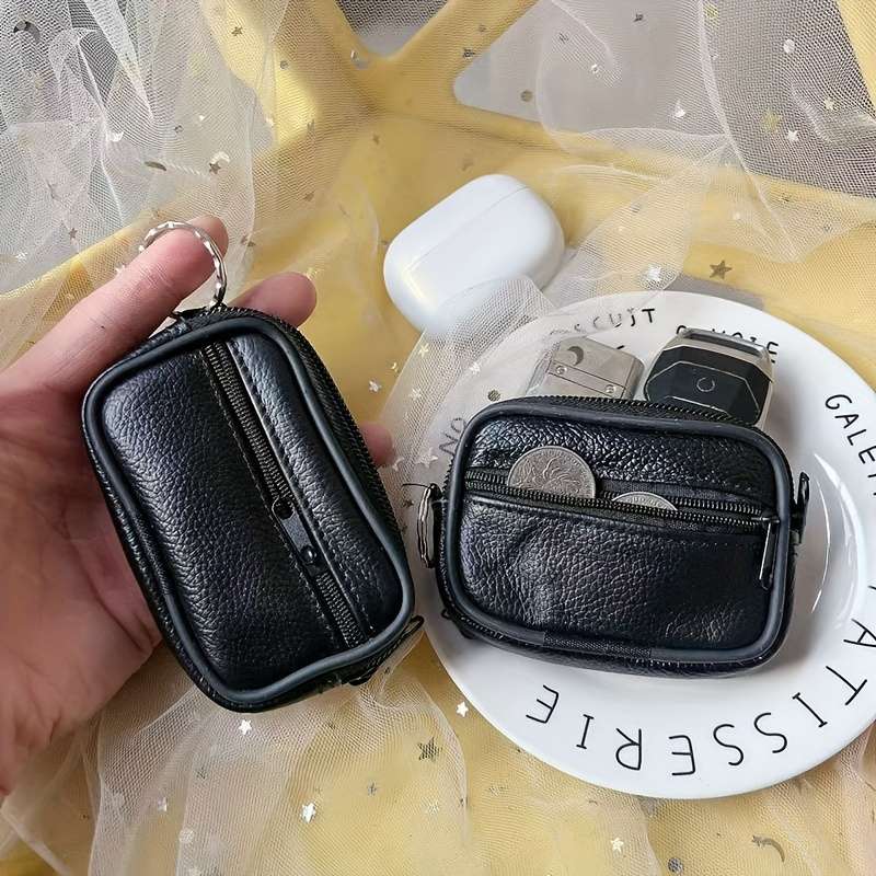 1pc Mini Men'S Elegant Black Leather Fanny Pack with Coin Purse Card Holder Portable Multi