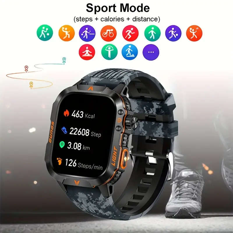 Stylish Square Men'S Outdoor Sports Smart Watch Wireless Call Flashlight AI Voice Assistant Sports