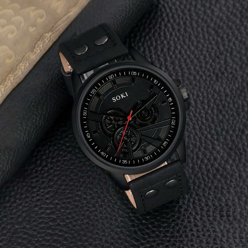 2pcs Men's Sport Digital Watches with Faux Leather Woven Wrap Bands Alloy Case Quartz Movement Black