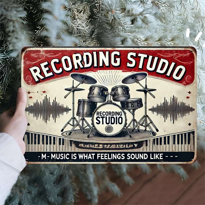 1pc  Vintage Recording Studio Metal Wall Sign 20.32x30.48 cm Retro Drum Set Microphone De