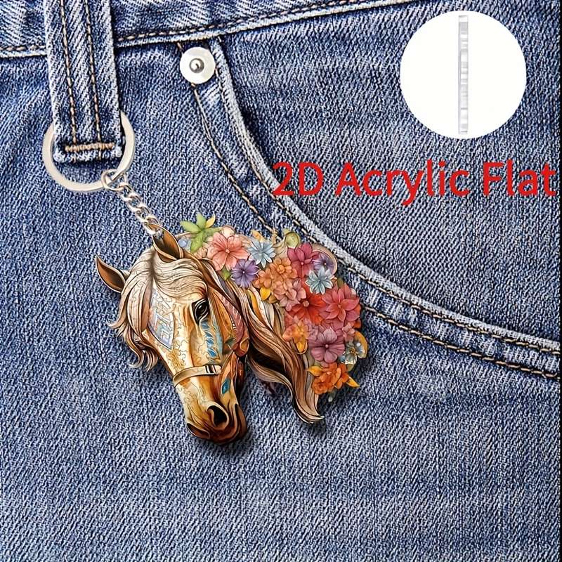 1pc 2D Flat  Acrylic Horse Keychain with Vibrant Floral Design Durable Fashion Backpack Pendant Ch