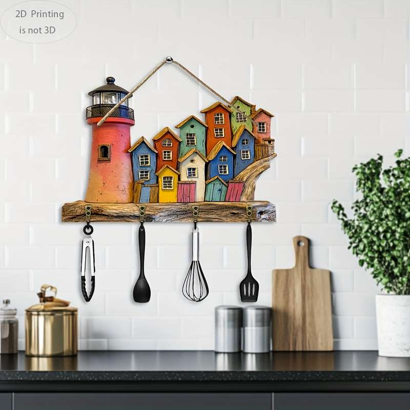 2D Flat 2D flat 1pc seaside cottage and lighthousewooden multi-function home key hanger (29.97c