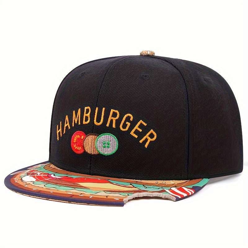 1pc Men's Cap With HAMBURGER Embroidery And A Flat Brim Men's Casual Adjustable Buckle Baseball Ca