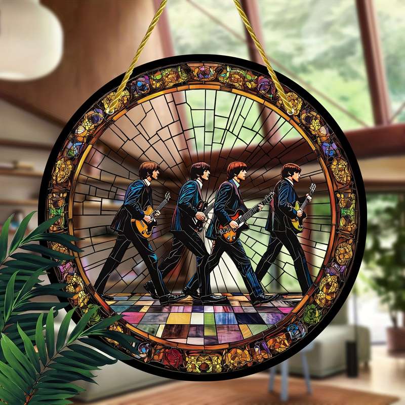 1pc 2D Flat 20.32cm Round Acrylic Sun Catcher with Stained Glass Style Iconic Beatles Design Vi