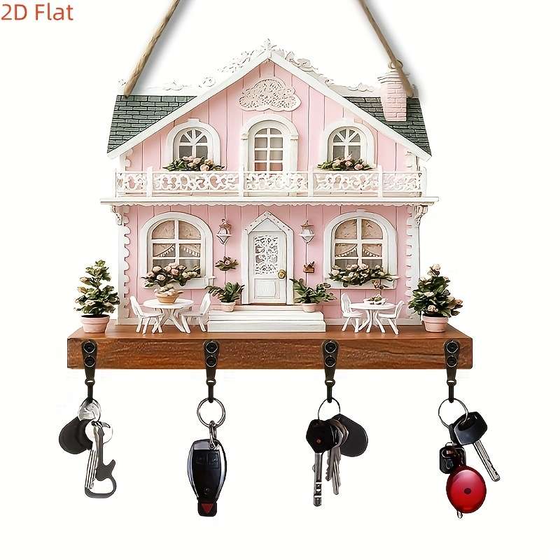 2D Flat Pink Cottage Wooden Key Holder with 4 Metal HooksCharming Wall Decor for Home Porch and