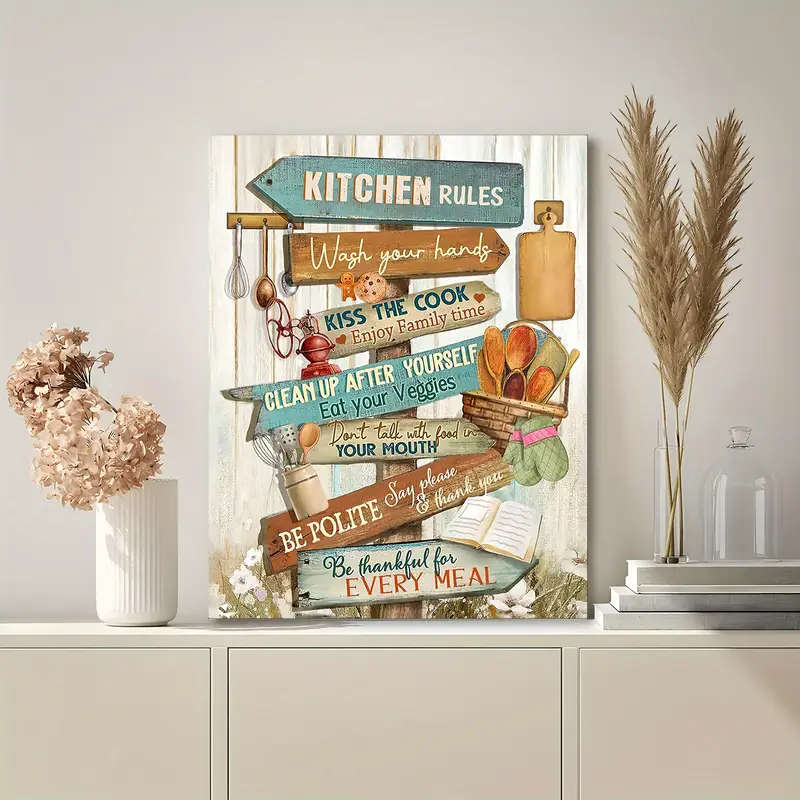 1pc Farmhouse Kitchen Rules Wall Art Wooden Frame Canvas Print Woven Decor for Living Room Bedroom K