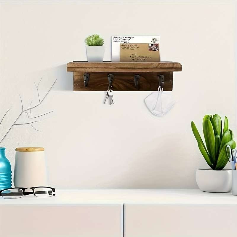Rustic Farmhouse Wooden Key Holder with 4 HooksWall-Mounted Mail Organizer for Bedroom Kitchen