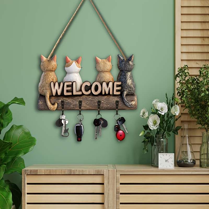 1pc Simple Colorful Wooden Kitten with Home Key Hanger with Four Metal Hooks 30.0cm x 23.5cm Wall