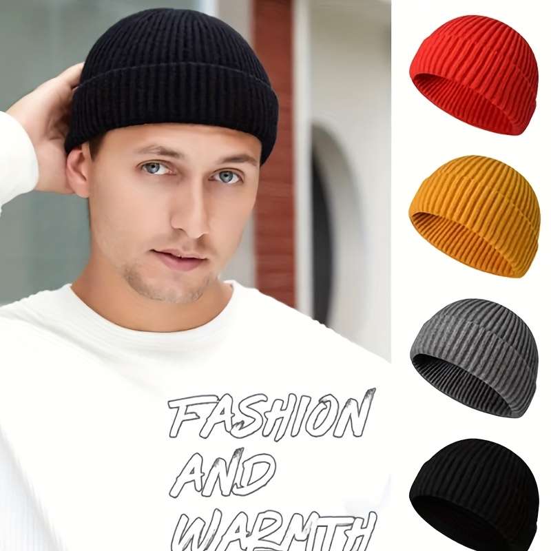 1pc Brimless Casual Style Fisherman Hat Short Ribbed Brimless Hat Lightweight Warm Winter Head